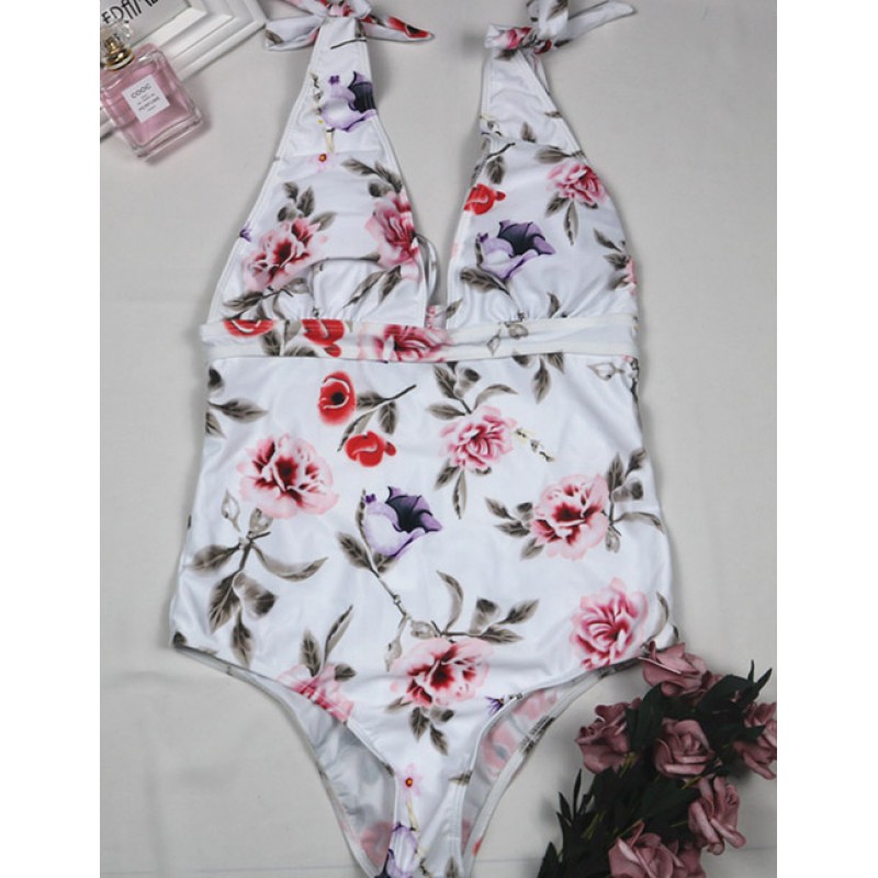 Sexy White Flower Pattern Decorated One-piece Swimwear Sexy White Flower Pattern Decorated One-piece Swimwear